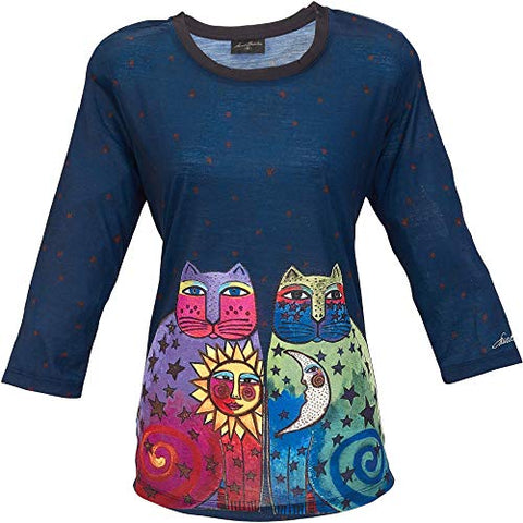 Laurel Burch Womens Sun & Moon Two Cats Top Medium Navy Blue Multi