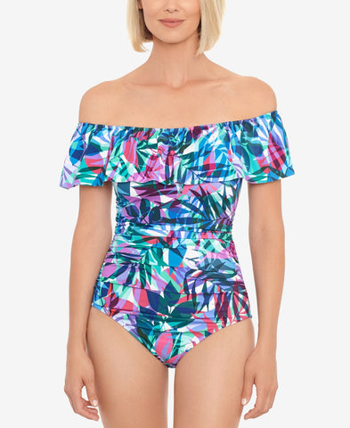 Swim Solutions Off-the-Shoulder Tummy-Control One-Piece Swimsuit, Created for Macy's - New Prism Multi