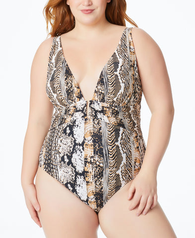 Bleu by Rod Beattie Plus Size Walk on the Wild Side Printed Plunging One-Piece Swimsuit Women's Swimsuit