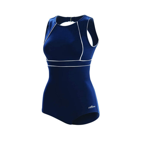Dolfin Women's Solid Conservative High Neck Clasp Back 1-Piece Navy/White 18