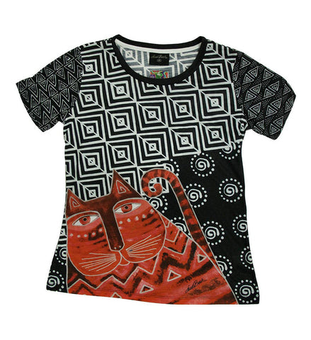 Laurel Burch Red Feline Black and White Short Sleeve Ladies T-Shirt