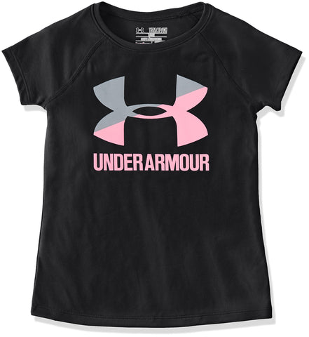 Under Armour Girls Solid Big Logo Short Sleeve T-Shirt,Black /Pink Punk, Youth Large
